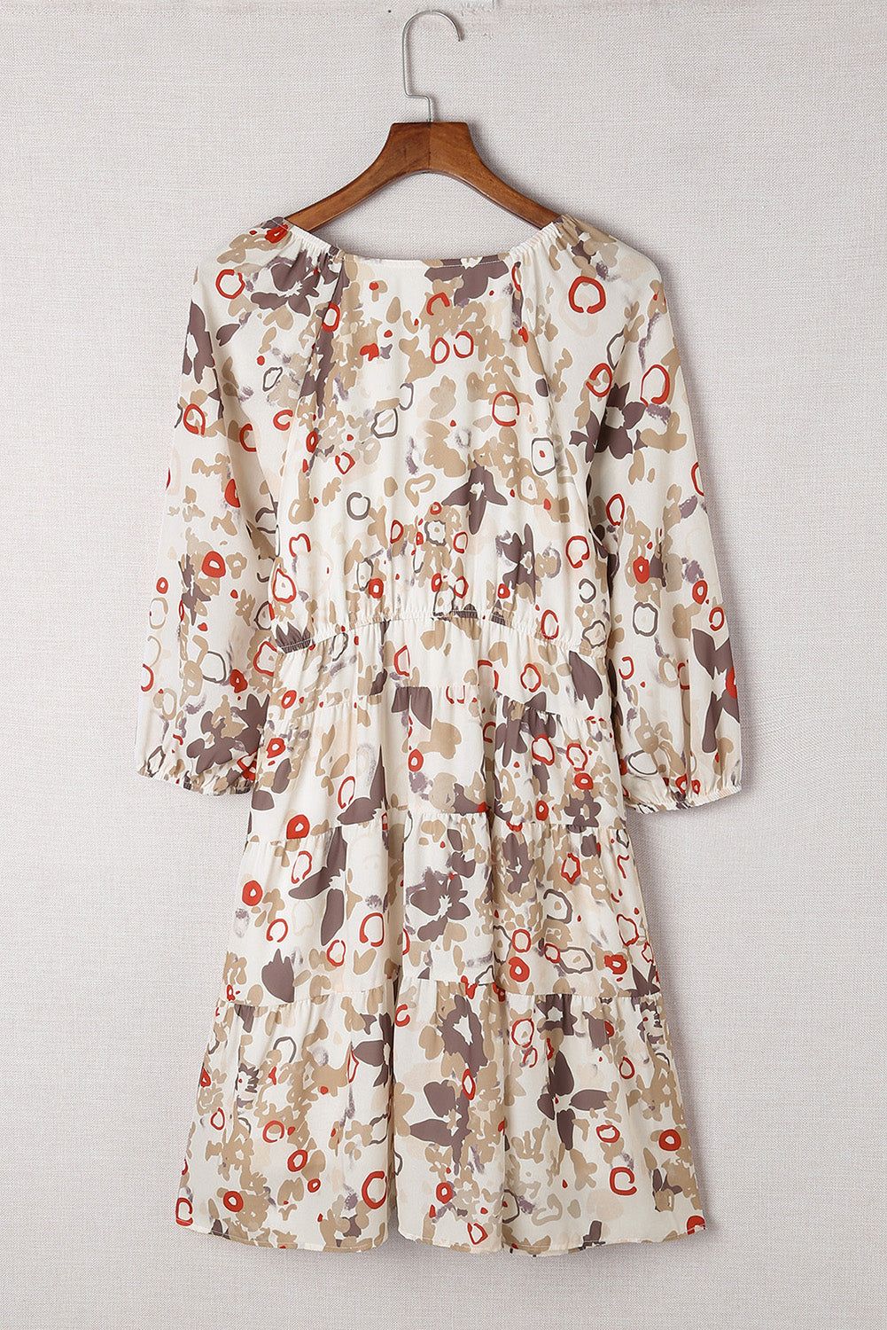 Apricot 3/4 Sleeves V Neck Print Tiered Flowy Short Dress Mini Dresses JT's Designer Fashion
