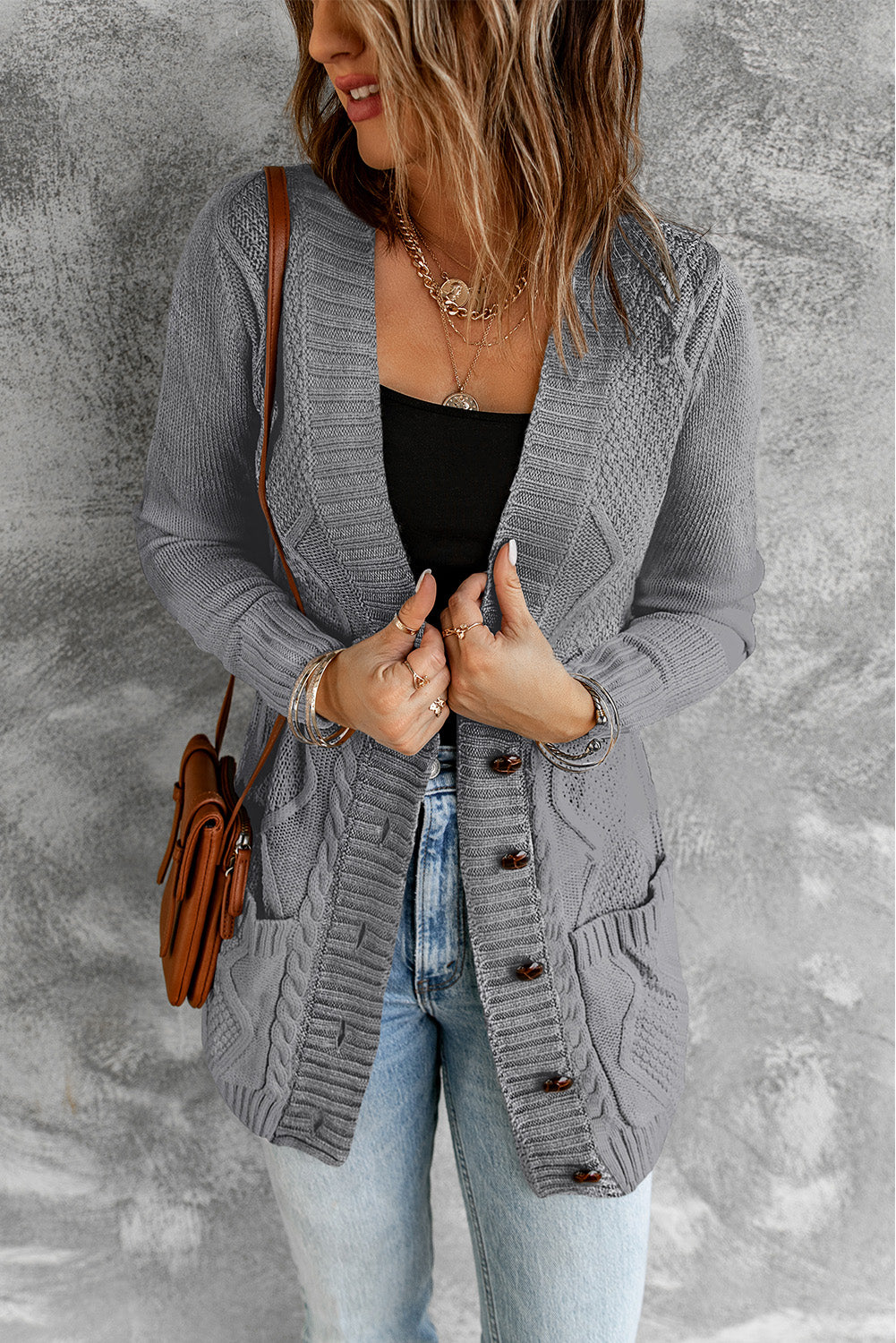 Dark Gray Front Pocket and Buttons Closure Cardigan Sweaters & Cardigans JT's Designer Fashion