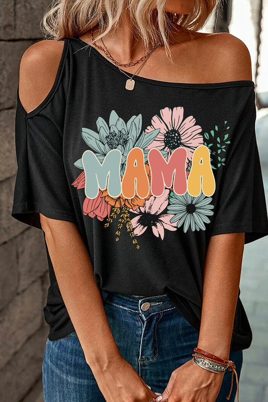 Black MAMA Flower Print Asymmetric Neck Casual T Shirt Graphic Tees JT's Designer Fashion