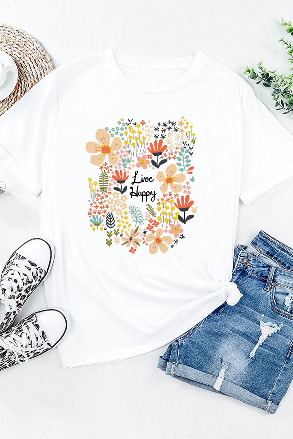White Live Happy Floral Print T Shirt Graphic Tees JT's Designer Fashion