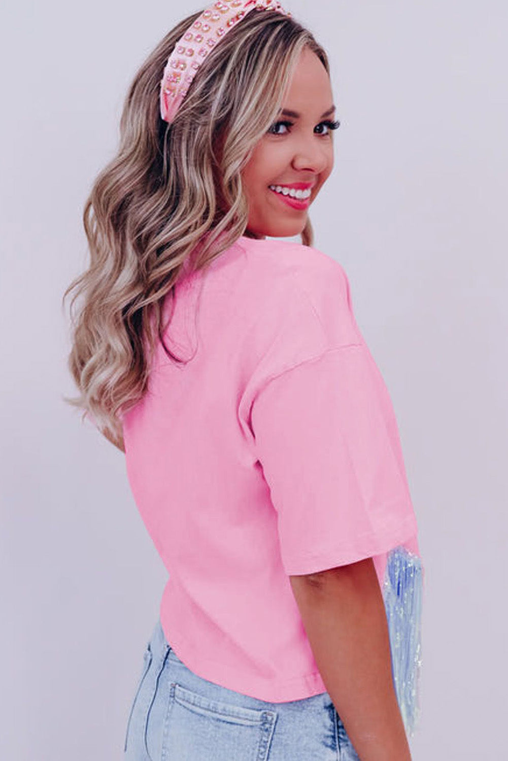Pink Fringed Sequin Baseball Crop T Shirt Graphic Tees JT's Designer Fashion