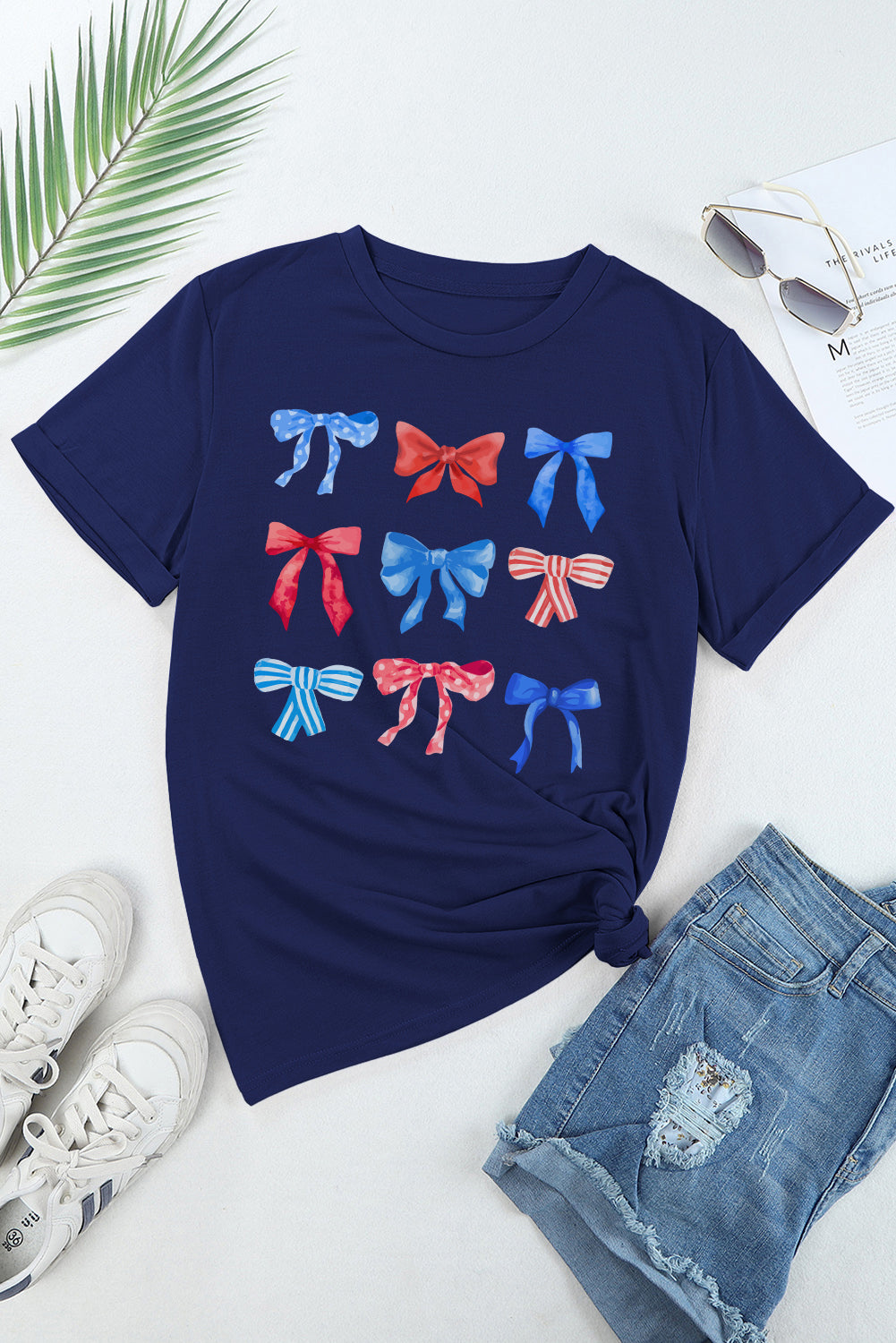 Blue Diverse Bowknot Print Independent Day Graphic Tee Graphic Tees JT's Designer Fashion
