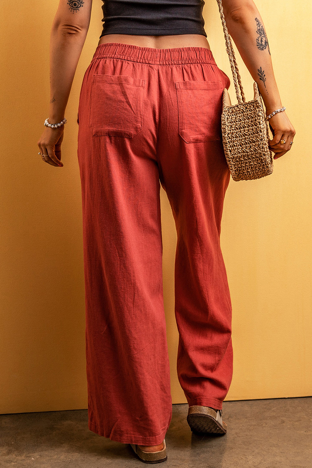Red Clay Elastic Waist Casual Pocketed Wide Leg Pants Pre Order Bottoms JT's Designer Fashion