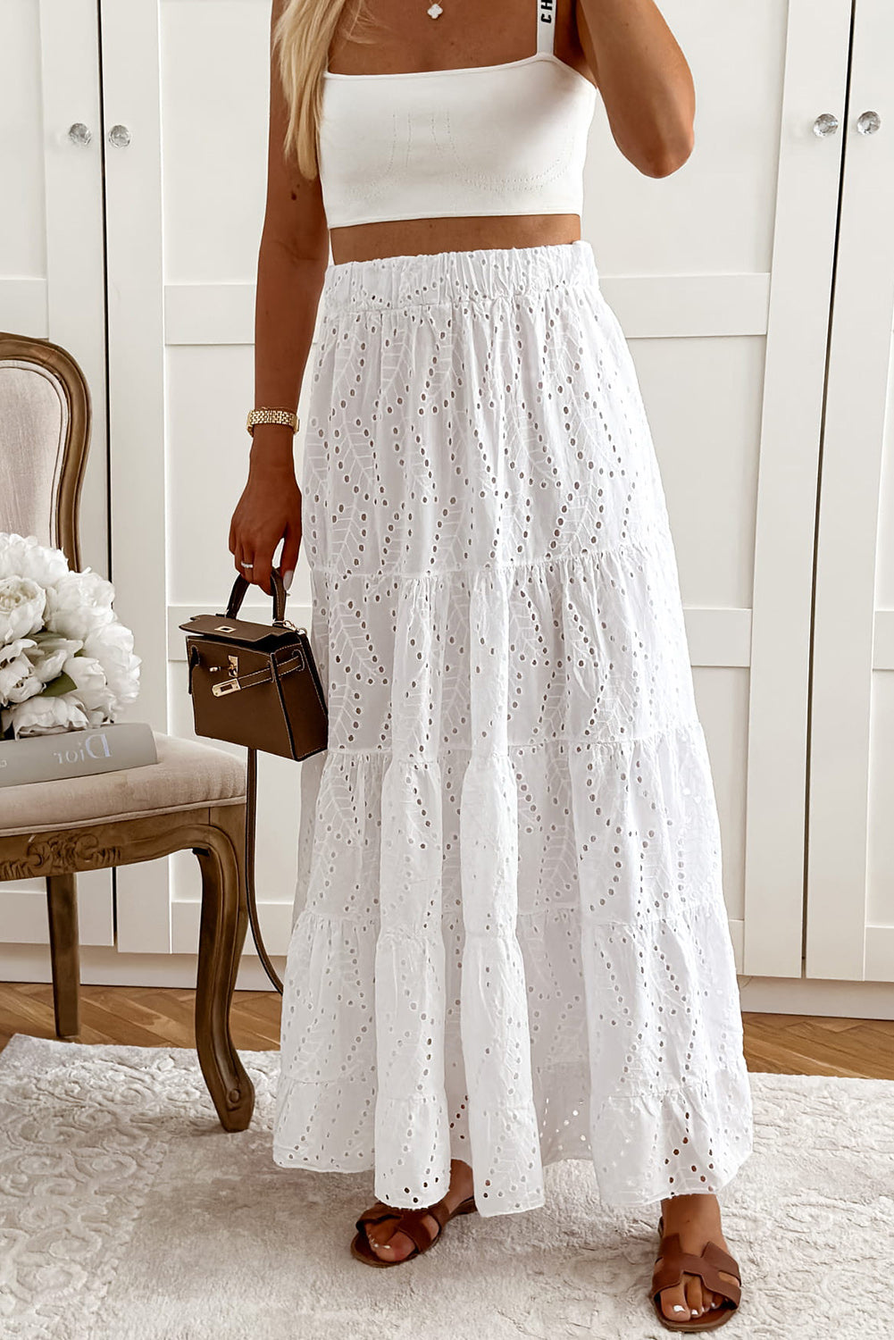 White Elastic Waist Embroidered Hollow Out Maxi Skirt Pre Order Bottoms JT's Designer Fashion