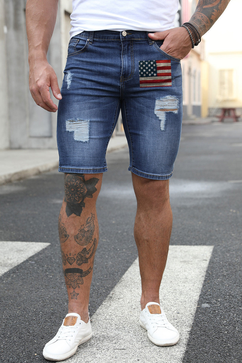 Blue American Flag Print Skinny Fit Distressed Denim Shorts Men's Pants JT's Designer Fashion