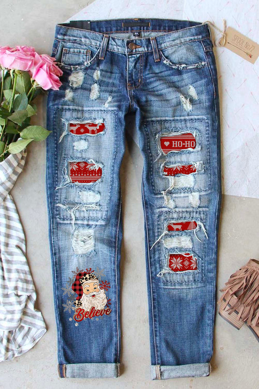 Sky Blue Santa Claus Pattern Splicing Distressed Boyfriend Jeans Graphic Pants JT's Designer Fashion