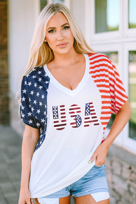 White USA Flag Sequin Patchwork Color Bock T Shirt Graphic Tees JT's Designer Fashion