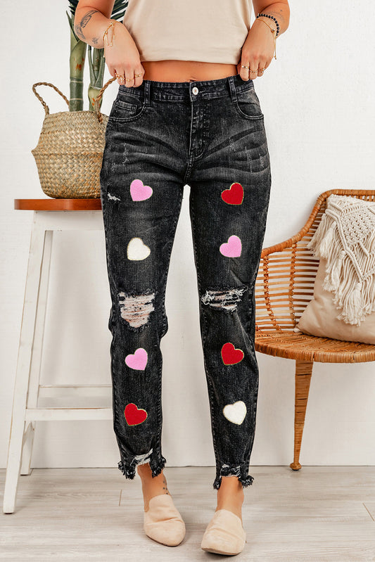 Black Chenille Heart Patched Ripped Vintage Washed Jeans Graphic Pants JT's Designer Fashion