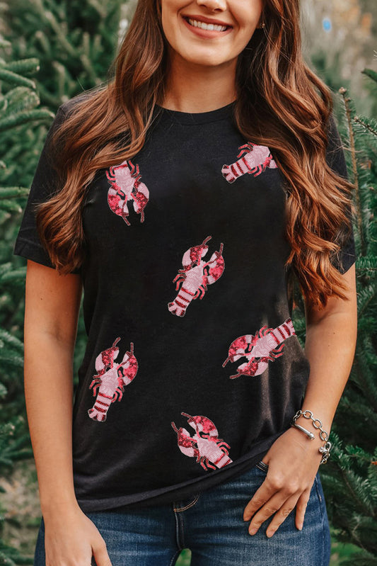 Black Sequined Crayfish Round Neck Graphic Tee Graphic Tees JT's Designer Fashion