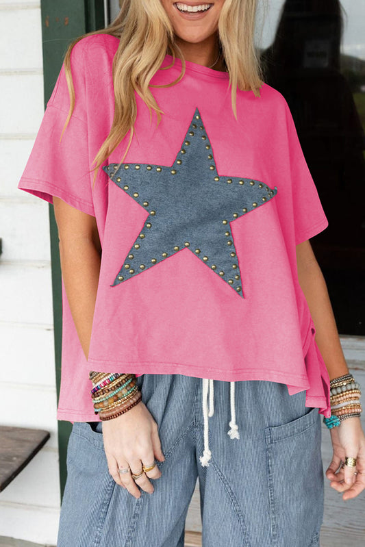 Sachet Pink Mineral Wash Studded Star Patch Graphic High Low Tee