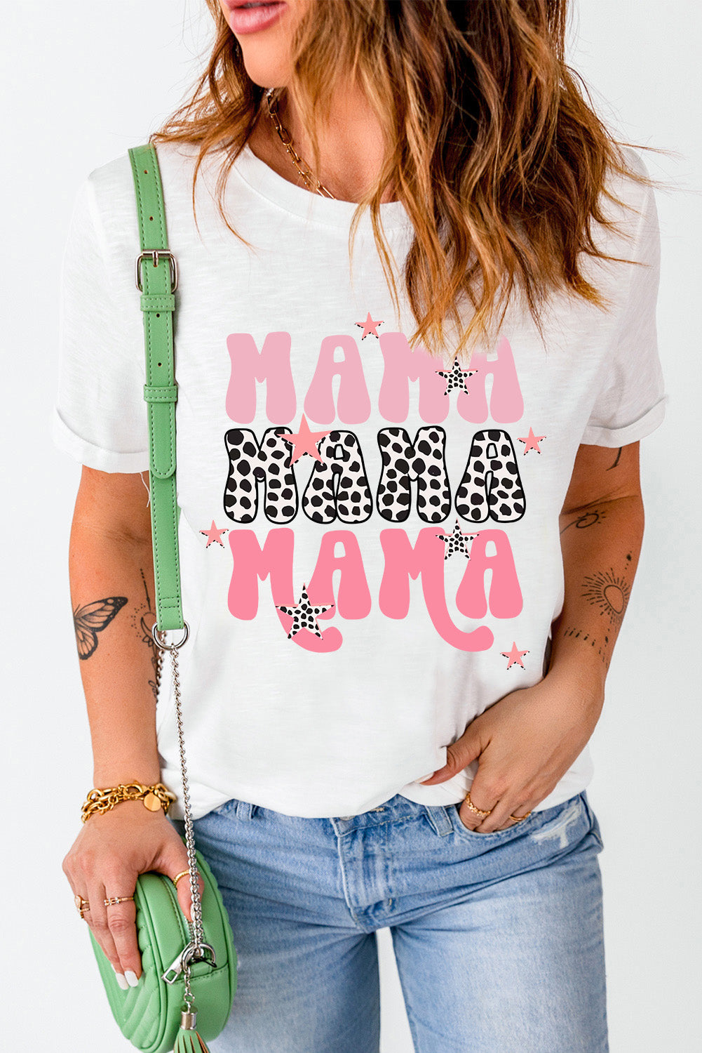 White Leopard MAMA Star Graphic T Shirt Graphic Tees JT's Designer Fashion