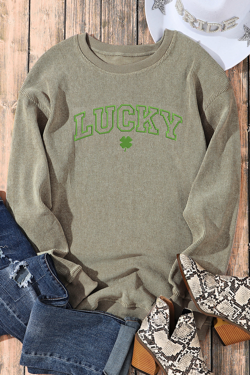 Green LUCKY Clover Embroidered Corded Crewneck Sweatshirt Graphic Sweatshirts JT's Designer Fashion