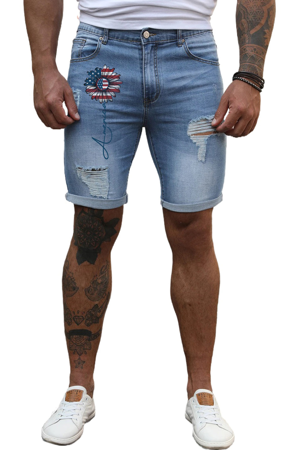 Sky Blue America Flag Sunflower Ripped Denim Shorts Men's Pants JT's Designer Fashion