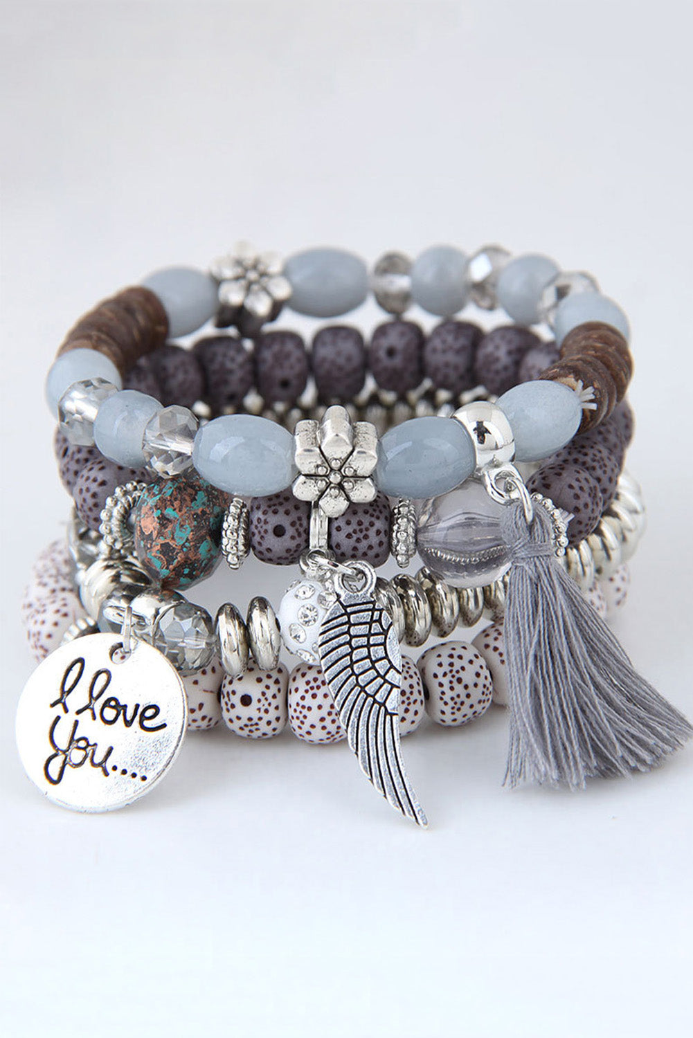 Gray Alloy Wing and Cotton Threads Tassel Four Layers Beads Bracelet Jewelry JT's Designer Fashion