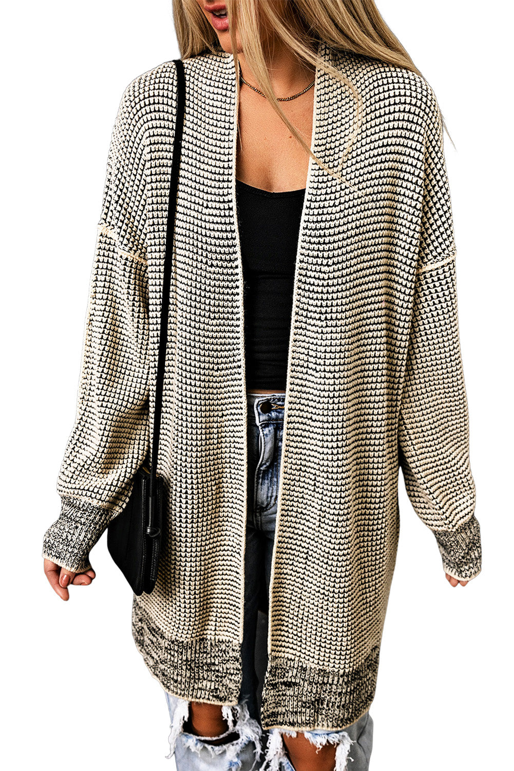 Apricot Plaid Knitted Long Open Front Cardigan Sweaters & Cardigans JT's Designer Fashion