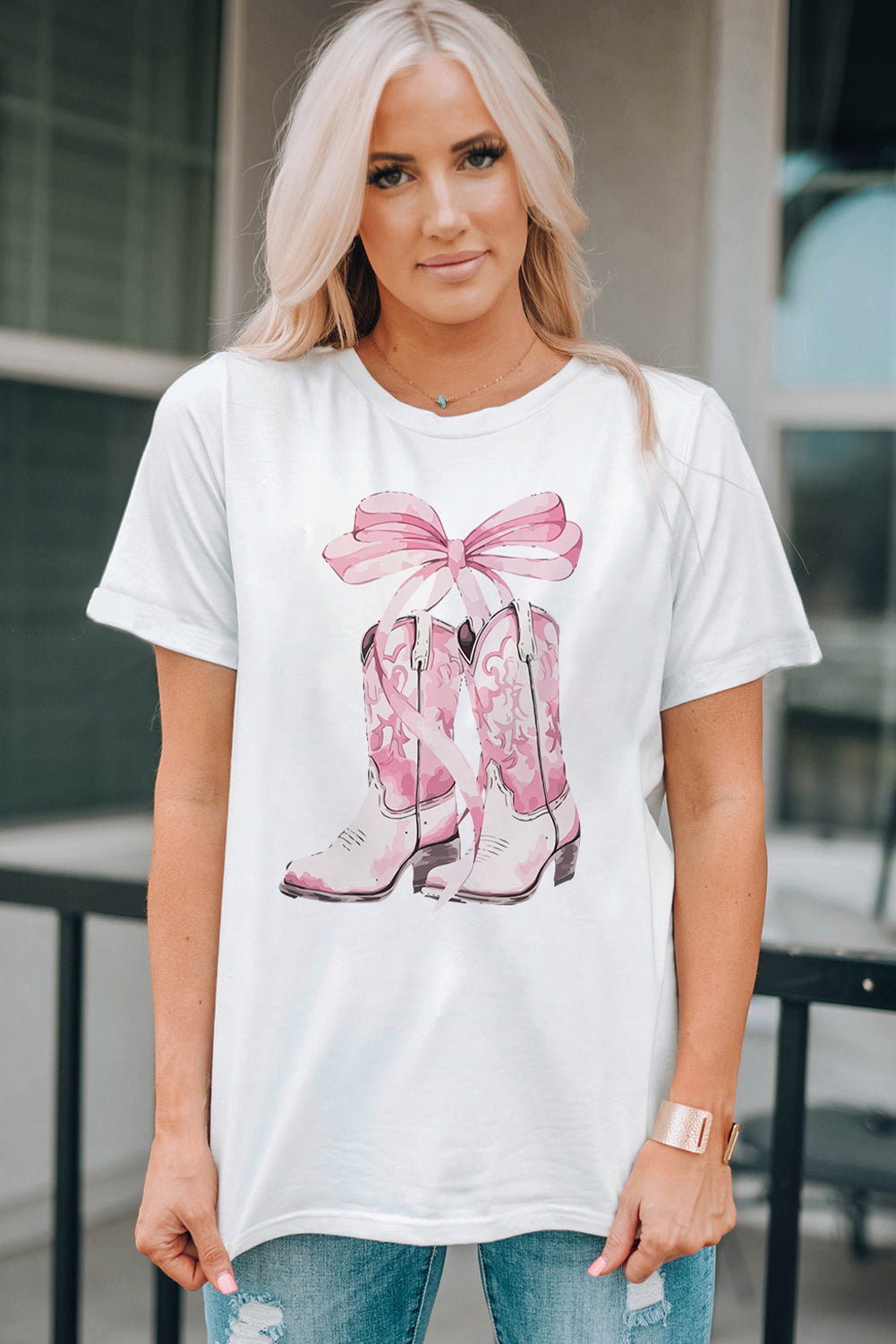 White Western Boots Bow Knot Print Crew Neck T Shirt Graphic Tees JT's Designer Fashion