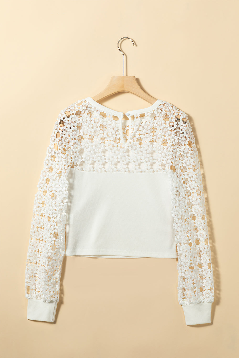 White Hollowed Floral Lace Splicing Long Sleeve Top Long Sleeve Tops JT's Designer Fashion
