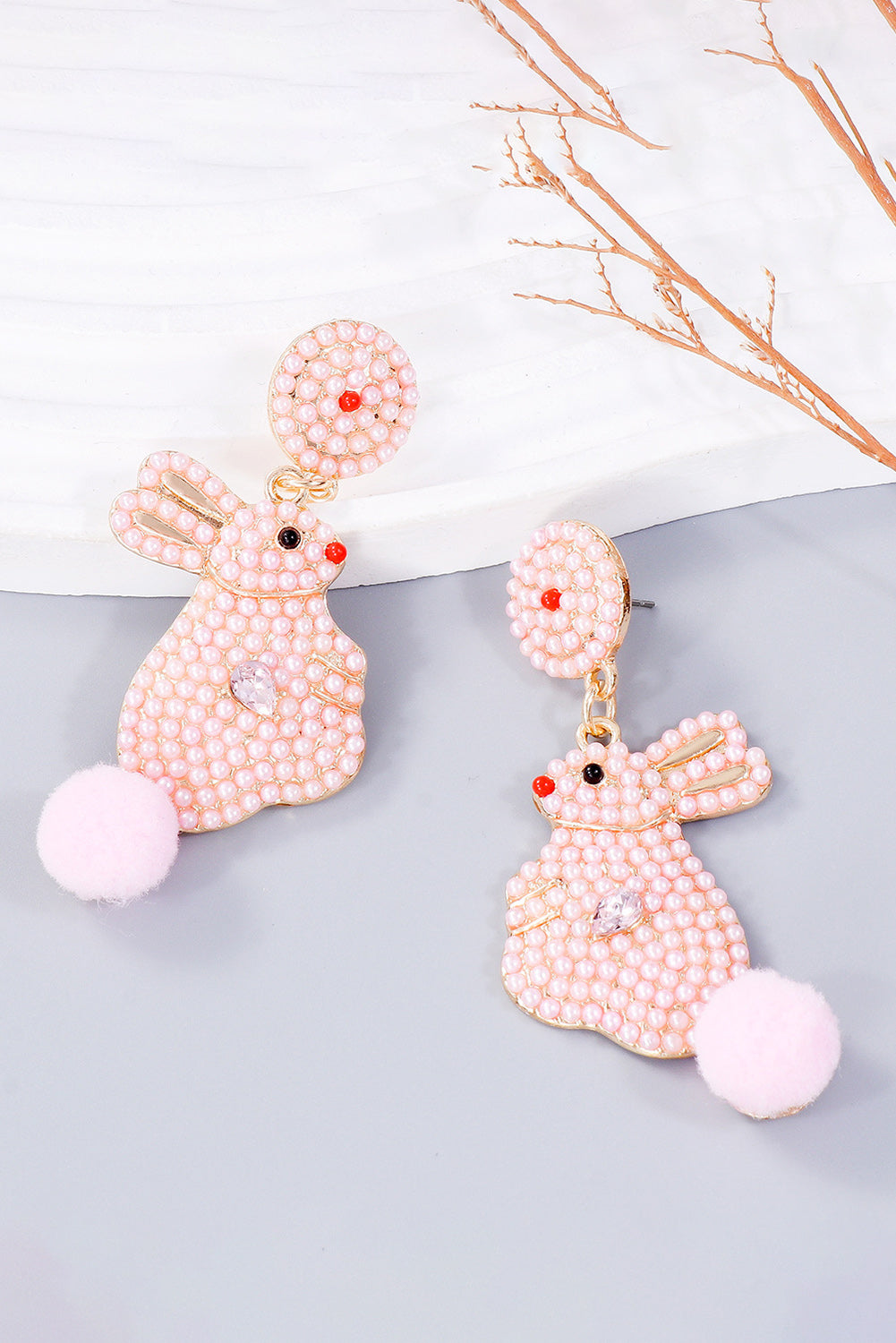 Pink Beaded Rhinestone Easter Rabbit Earrings Jewelry JT's Designer Fashion