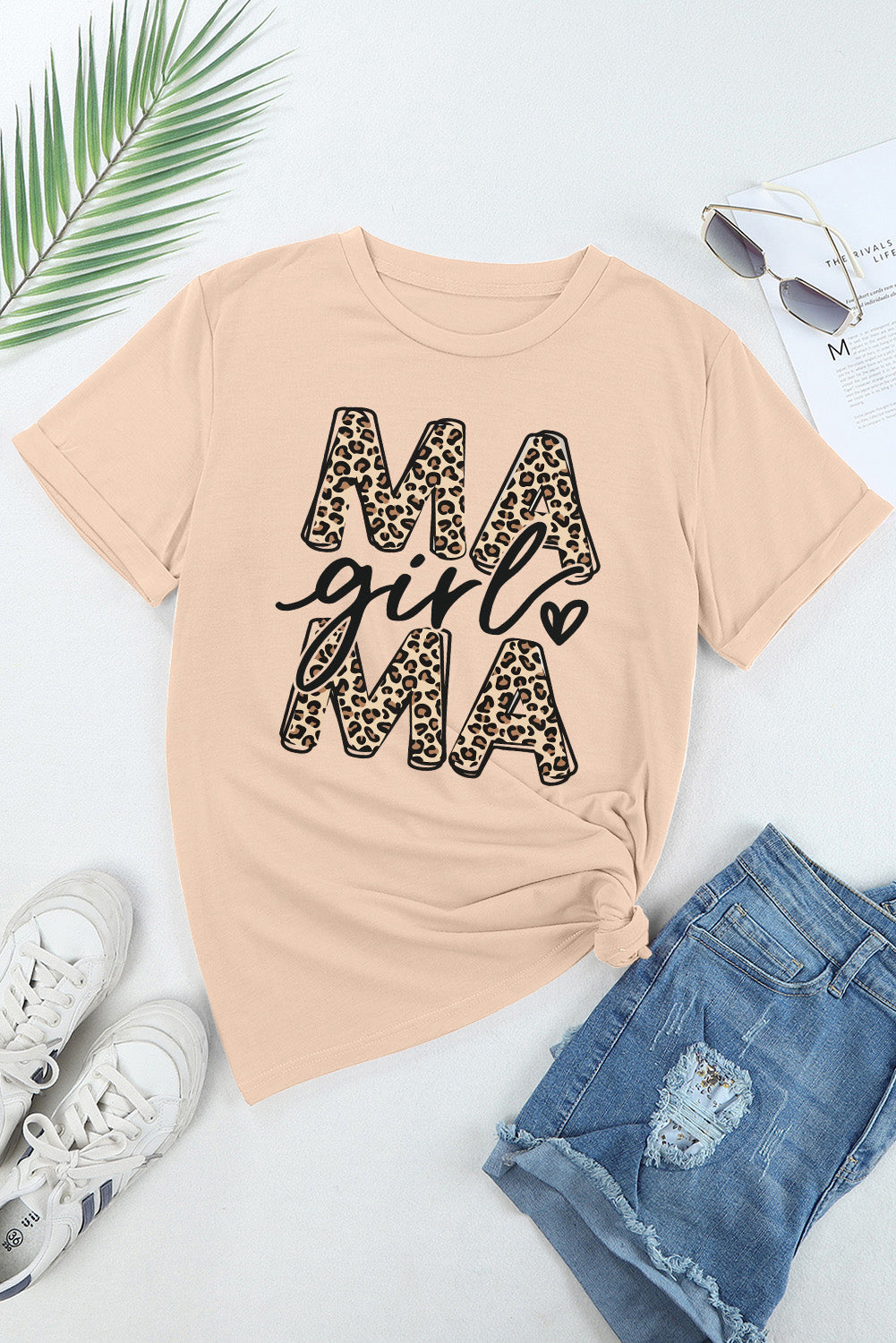 Khaki Lovely Mama Girl Leopard Graphic T Shirt Graphic Tees JT's Designer Fashion