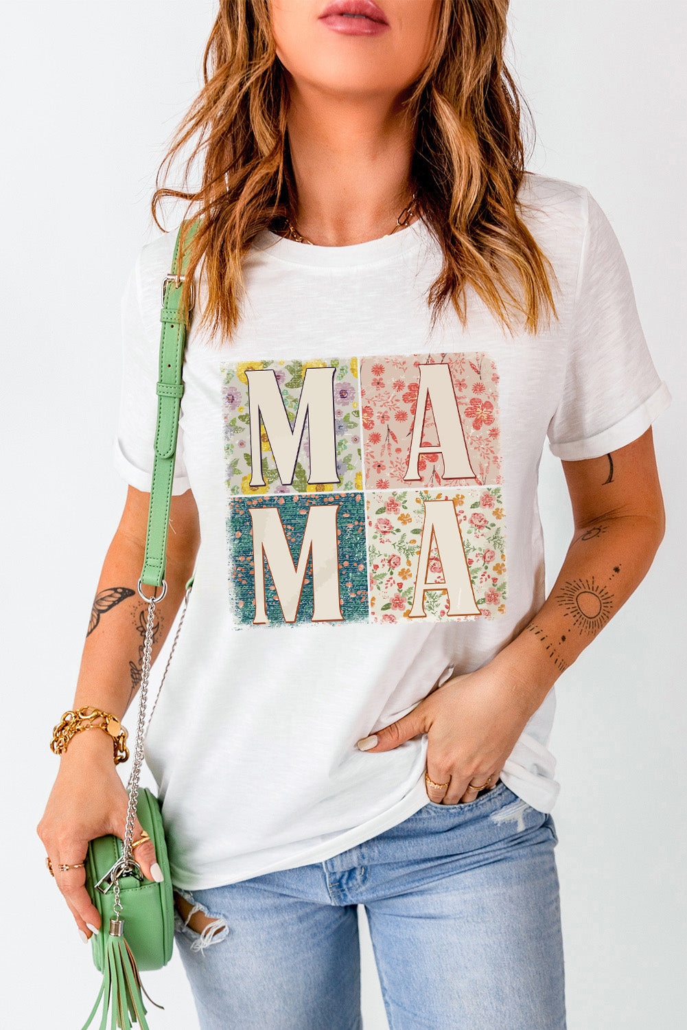 White MAMA Floral Block Graphic Casual T Shirt Graphic Tees JT's Designer Fashion