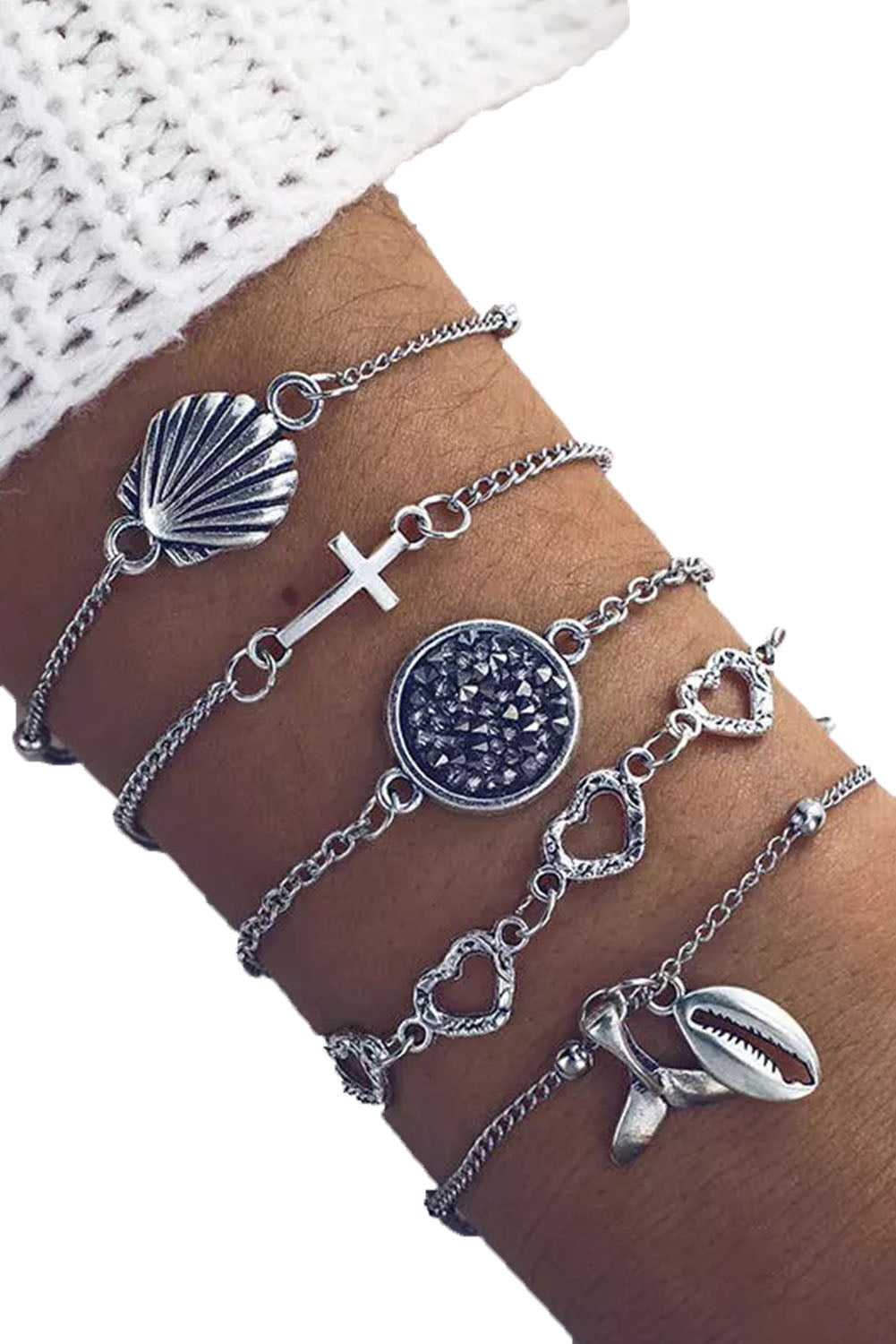 Silver 5Pcs Fishtail Shell Heart Cross Alloy Bracelet Set Jewelry JT's Designer Fashion