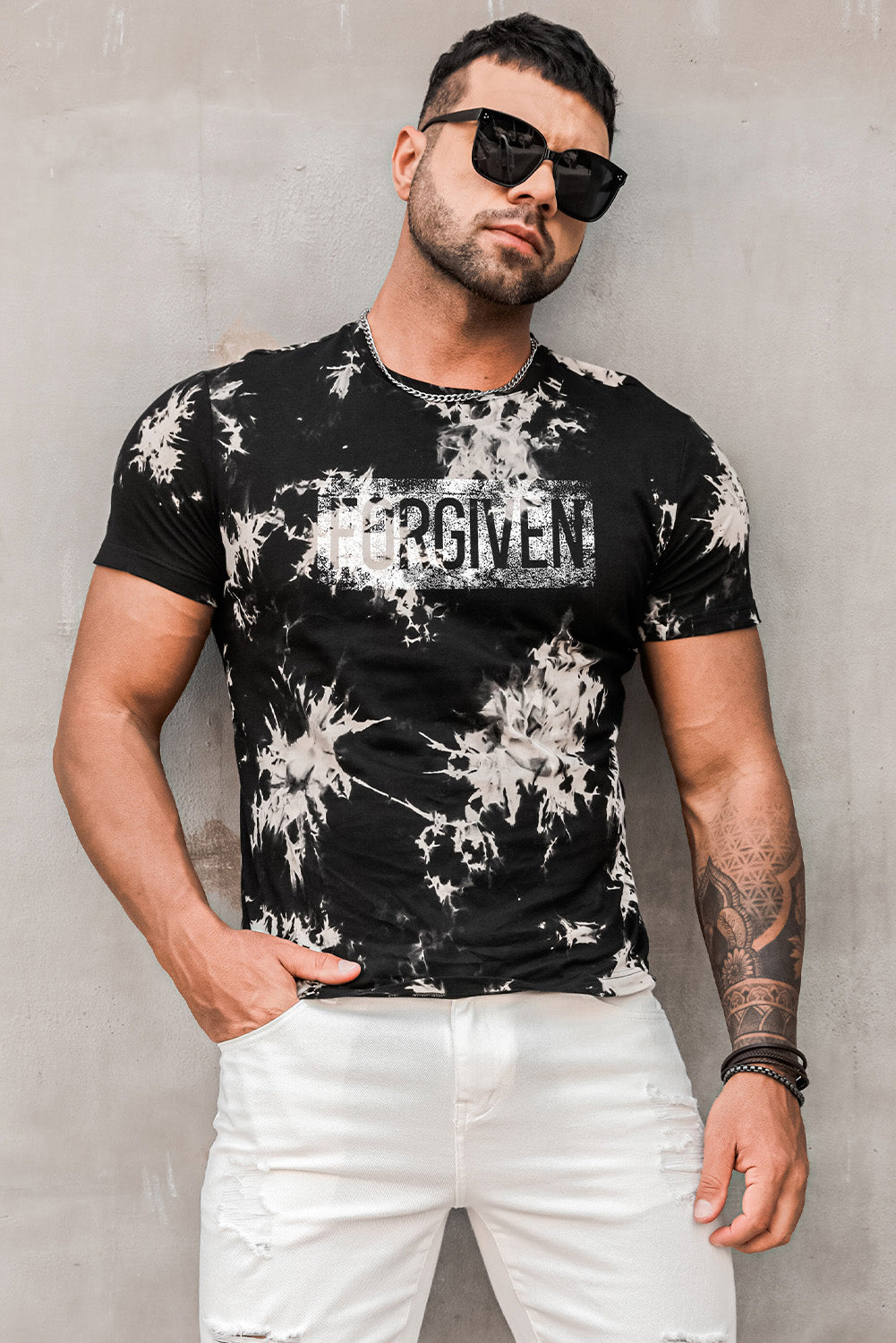 Black FORGIVEN Letter Tie Dye Print Short Sleeve Men's T-shirt Men's Tops JT's Designer Fashion