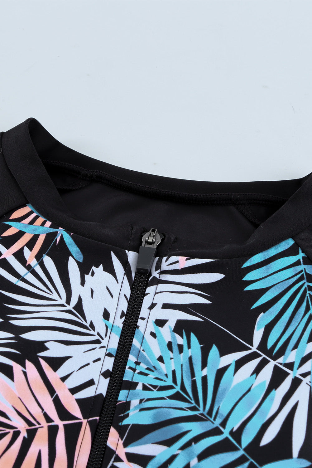 Sky Blue Leaves Print Zip-up Long Sleeve Surf Rash Guard Swimwear Rash Guards JT's Designer Fashion