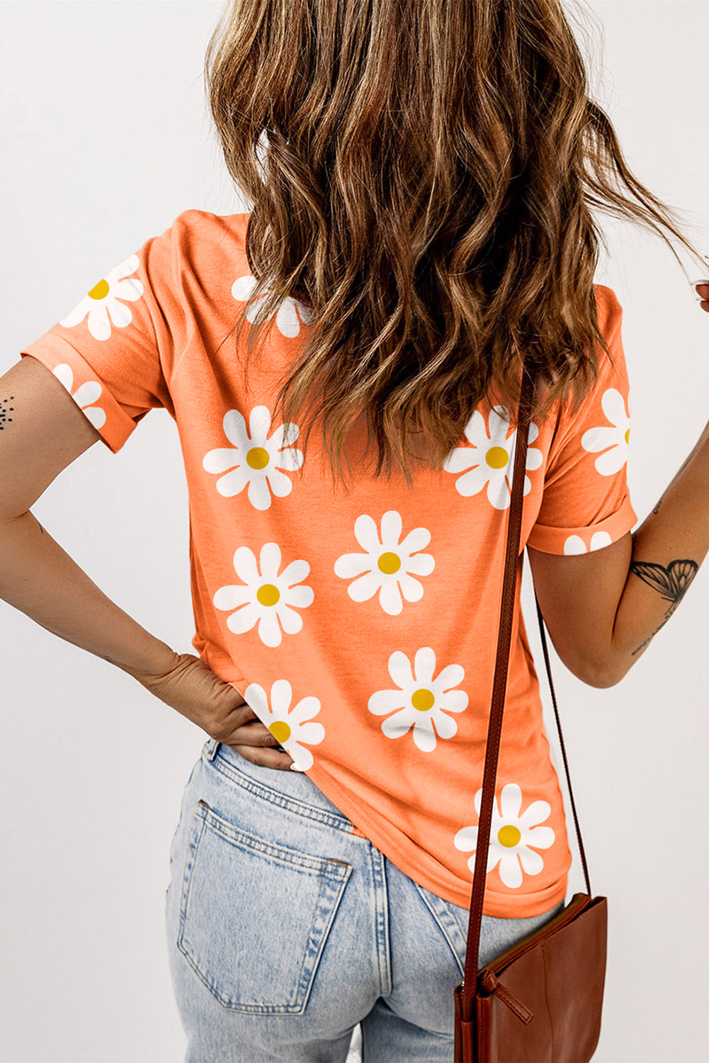 Orange Daisy Printed Crewneck T Shirt Pre Order Tops JT's Designer Fashion