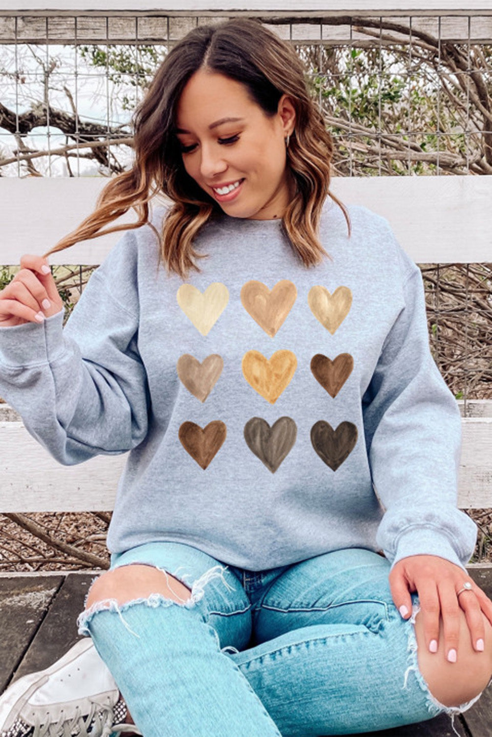 Gray Valentine Heart Print Crew Neck Pullover Sweatshirt Graphic Sweatshirts JT's Designer Fashion