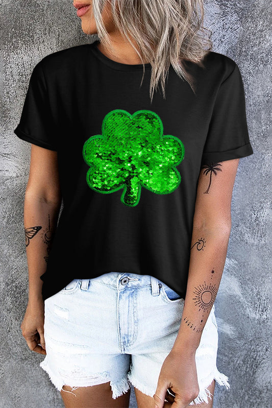 Black Sequin Clover Embroidered Round Neck Graphic Tee Graphic Tees JT's Designer Fashion