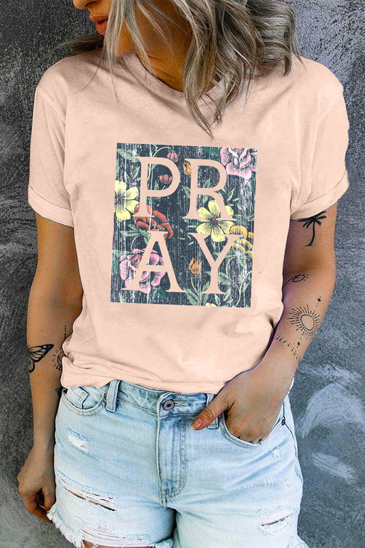 Pink PRAY Floral Print Western Fashion T-shirt Pink 95%Polyester+5%Spandex Graphic Tees JT's Designer Fashion