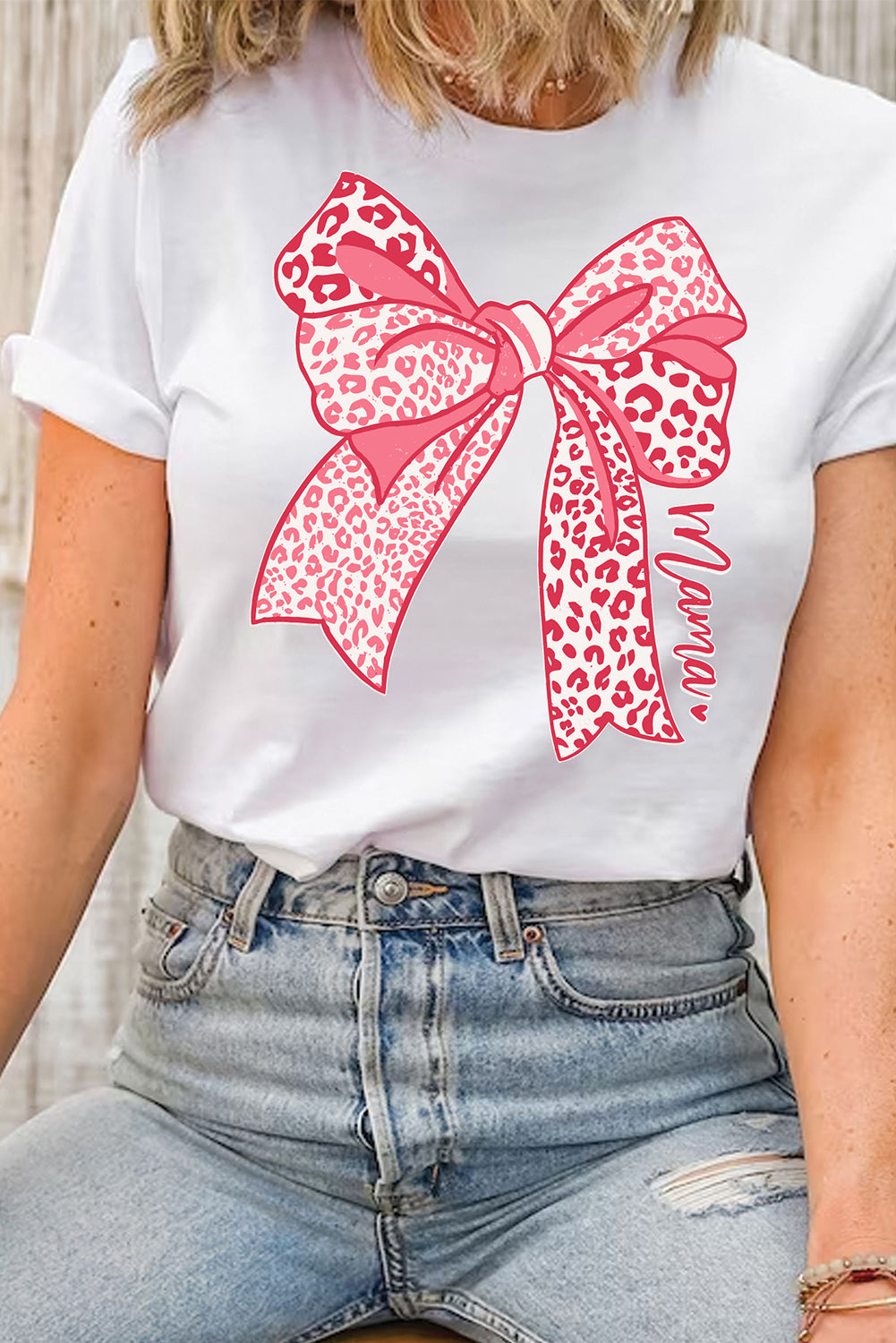 White Leopard Bow Graphic Mothers Day Fashion T Shirt Graphic Tees JT's Designer Fashion