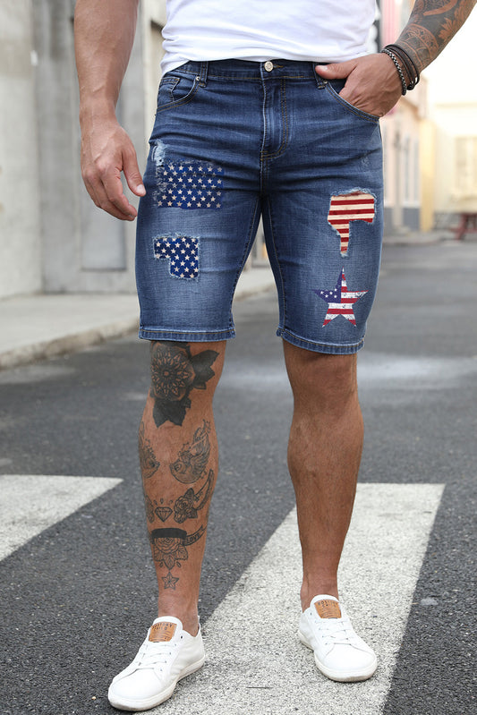 Blue American Flag Pattern Patchwork Men's Denim Shorts Blue 70%Cotton 29%Polyester 1%Elastane Men's Pants JT's Designer Fashion