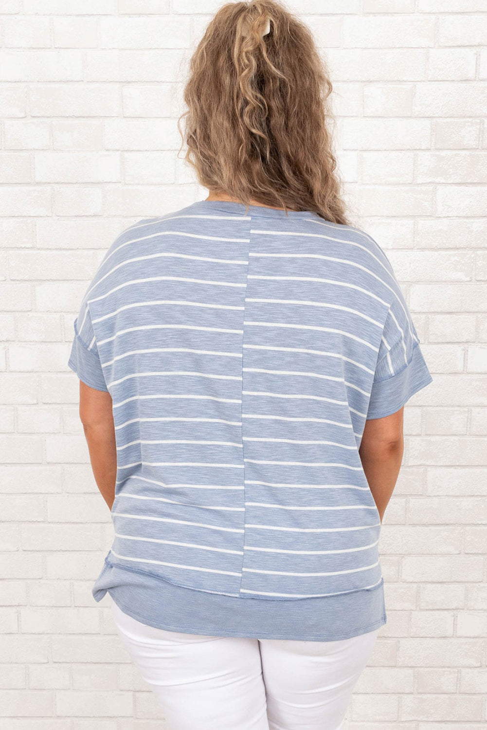 Sky Blue Stripe Side Split Round Neck Plus Size T Shirt Pre Order Plus Size JT's Designer Fashion