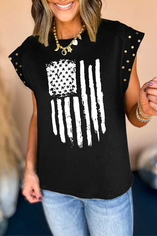 Black American Flag Print Studded Cap Sleeve T Shirt Graphic Tees JT's Designer Fashion