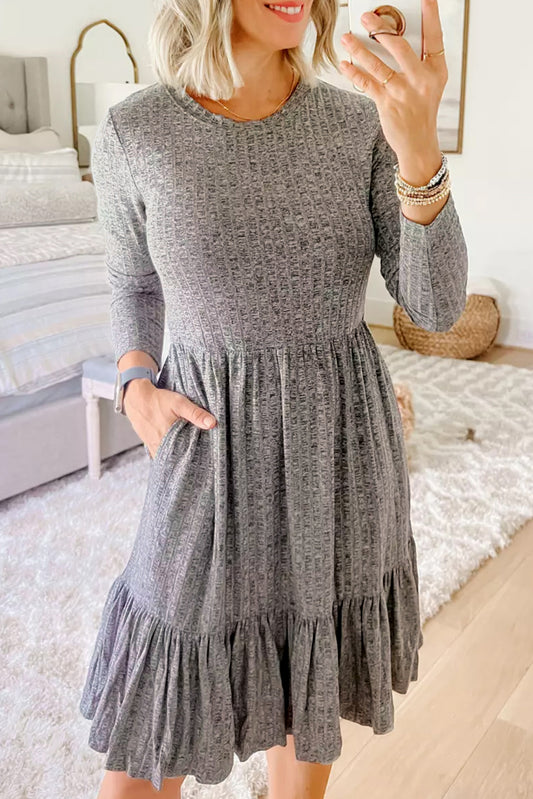 Gray Pinstriped Textured Ruffled A-line Midi Dress Midi Dresses JT's Designer Fashion