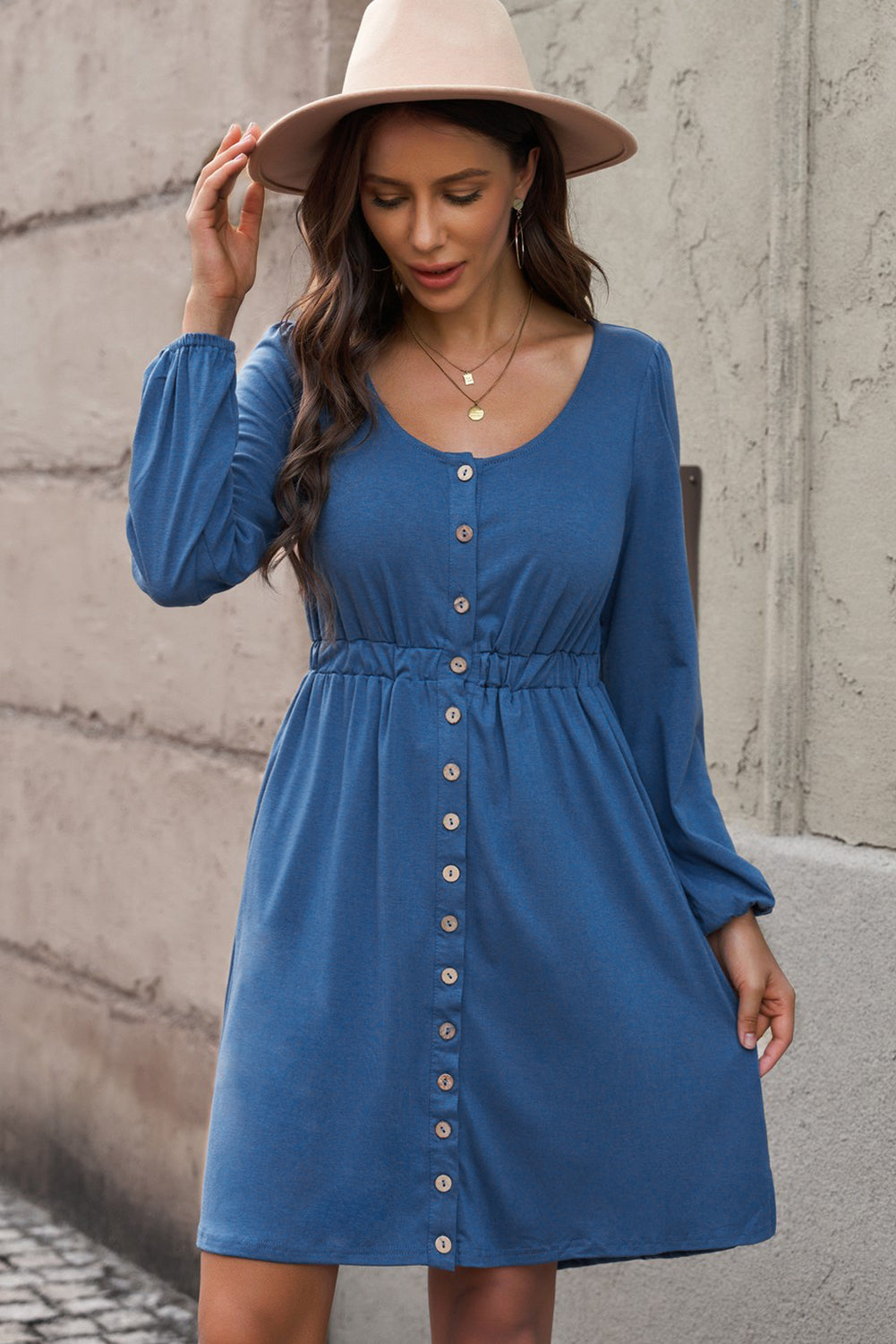 Blue Button Up High Waist Long Sleeve Dress Midi Dresses JT's Designer Fashion