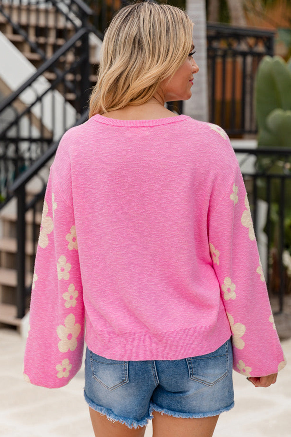 Pink Flower Pattern Lantern Sleeve Sweater Pre Order Sweaters & Cardigans JT's Designer Fashion