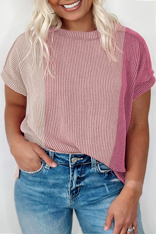 Pink Textured Colorblock Patchwork Plus Size T Shirt Pre Order Plus Size JT's Designer Fashion