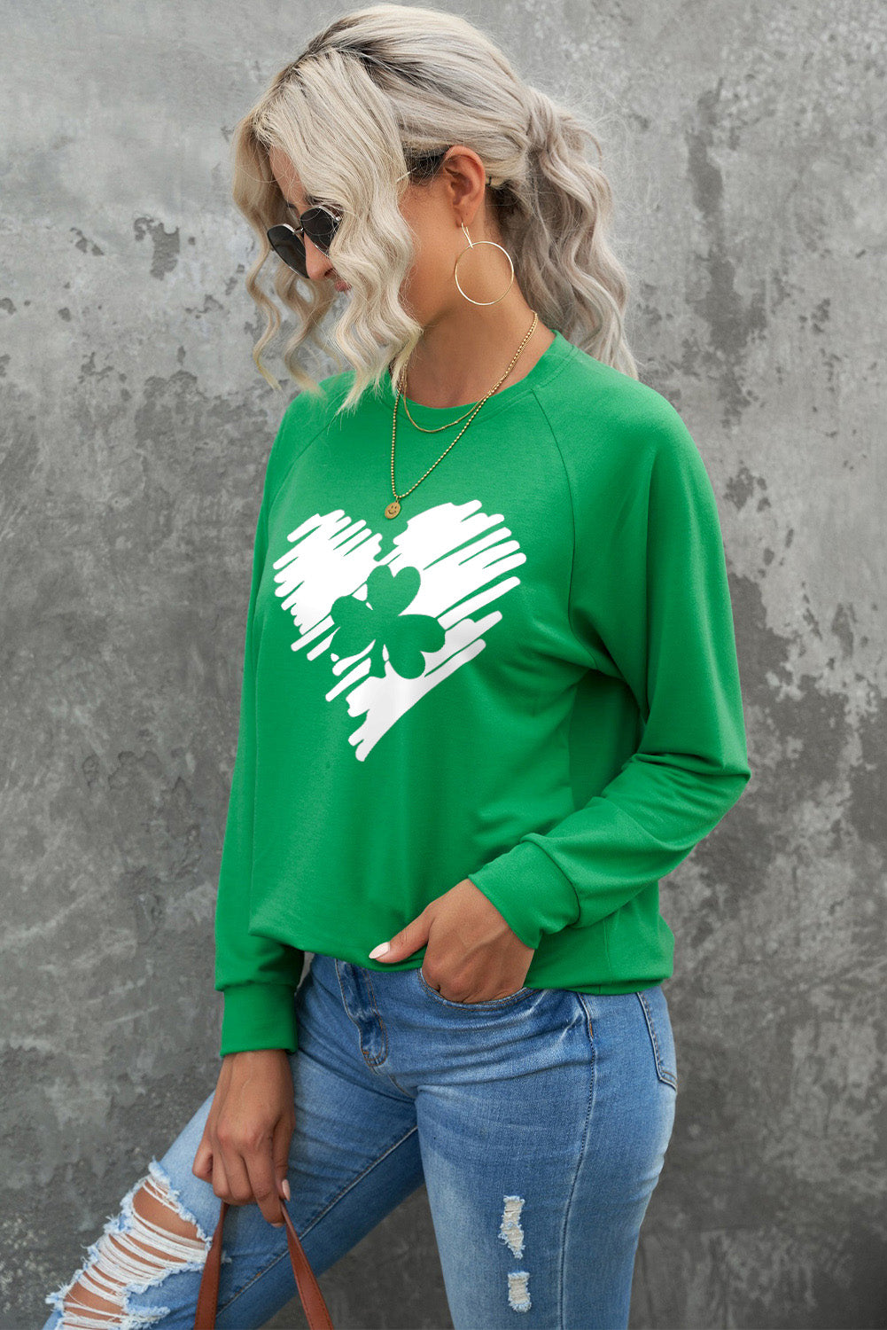 Green Heart Shaped Clover Print Long Sleeve Sweatshirt Graphic Sweatshirts JT's Designer Fashion