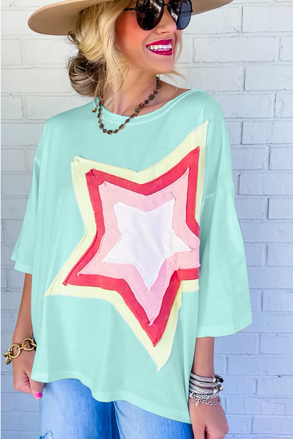 Moonlight Jade Colorblock Star Patched Half Sleeve Oversized Tee Pre Order Tops JT's Designer Fashion