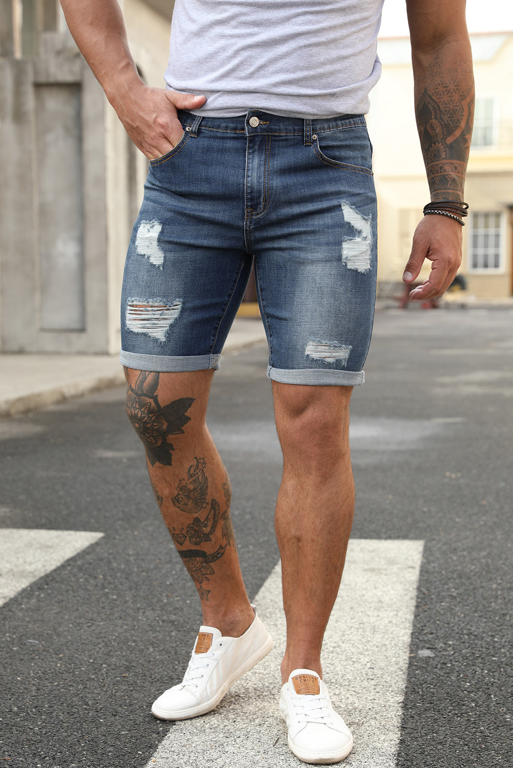 Blue Slim-fit Ripped Men's Jean Shorts Men's Pants JT's Designer Fashion