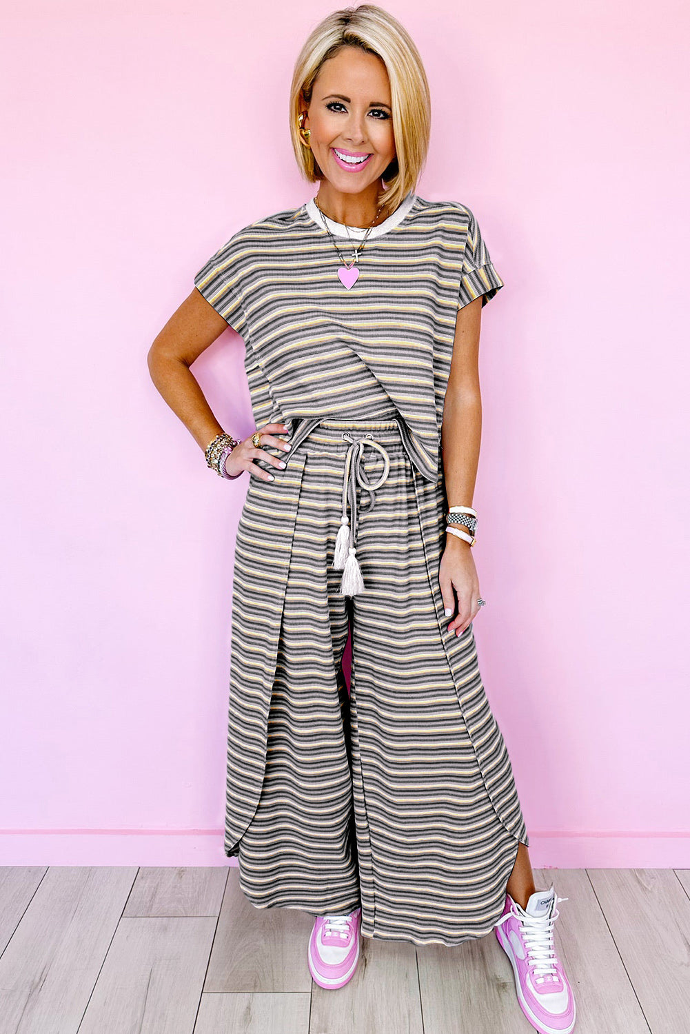 Black Stripe Rainbow Tee Tasseled String Wide Leg Pants Set Pre Order Tops JT's Designer Fashion
