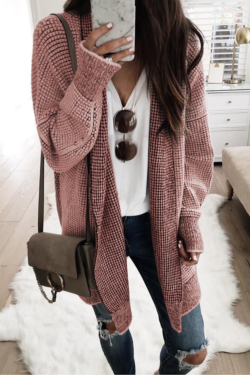 Pink Plaid Knitted Long Open Front Cardigan Sweaters & Cardigans JT's Designer Fashion