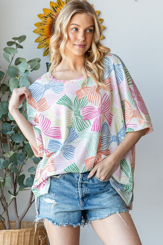 HOPELY Bow Print Oversized Waffle T-Shirt Multicolor Blouses & Shirts JT's Designer Fashion