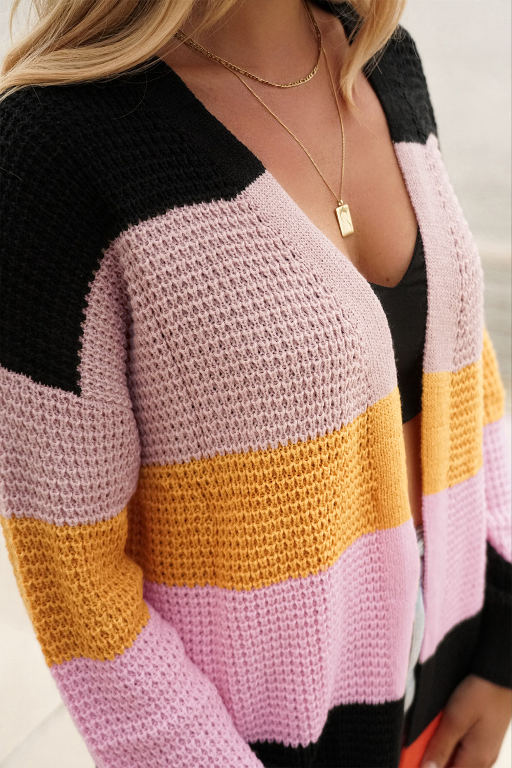 Multicolor Waffle Knit Color Block Open Front Cardigan Sweaters & Cardigans JT's Designer Fashion