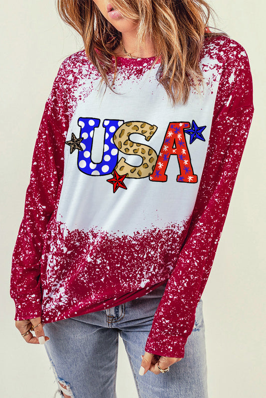 Fiery Red USA Graphic Print Tie Dye Long Sleeve Sweatshirt Graphic Sweatshirts JT's Designer Fashion