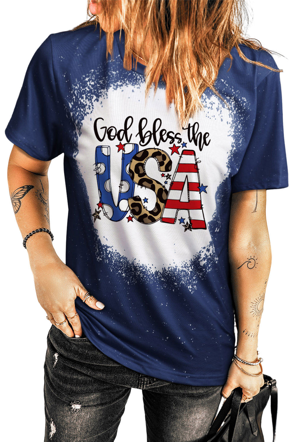 Blue God Bless the USA Print Tie Dye T-Shirt Graphic Tees JT's Designer Fashion