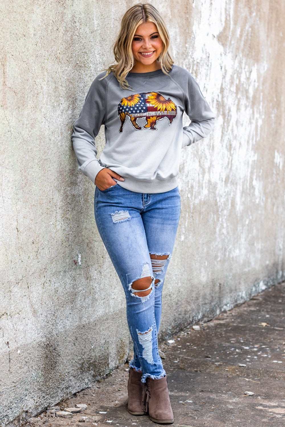 Gray American Flag Sunflower Cow Shape Print Graphic Sweatshirt Graphic Sweatshirts JT's Designer Fashion
