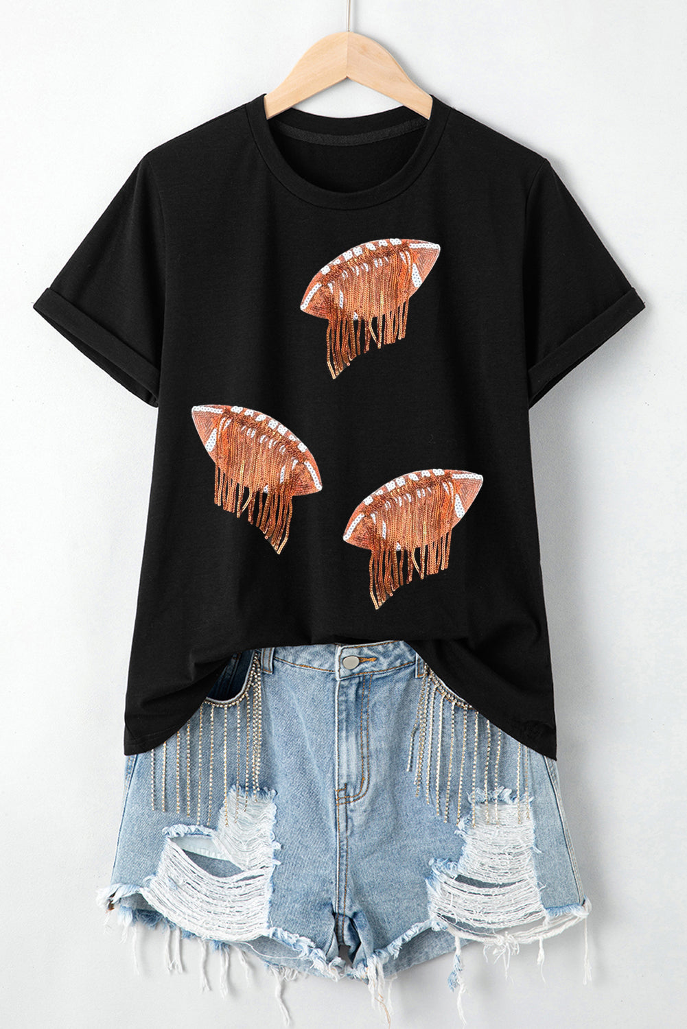 Black Sequin Fringed Rugby Graphic T Shirt Graphic Tees JT's Designer Fashion